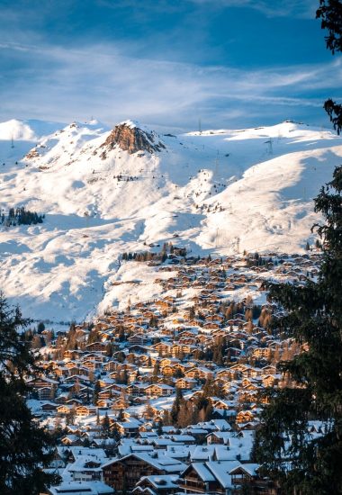 village near snow mountain